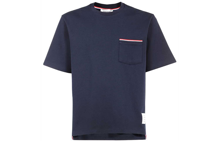 Order 톰브라운 FW22 네이비 블루 솔리드 립 크루넥 반팔 티셔츠 남성용 MJS183A-07323-415