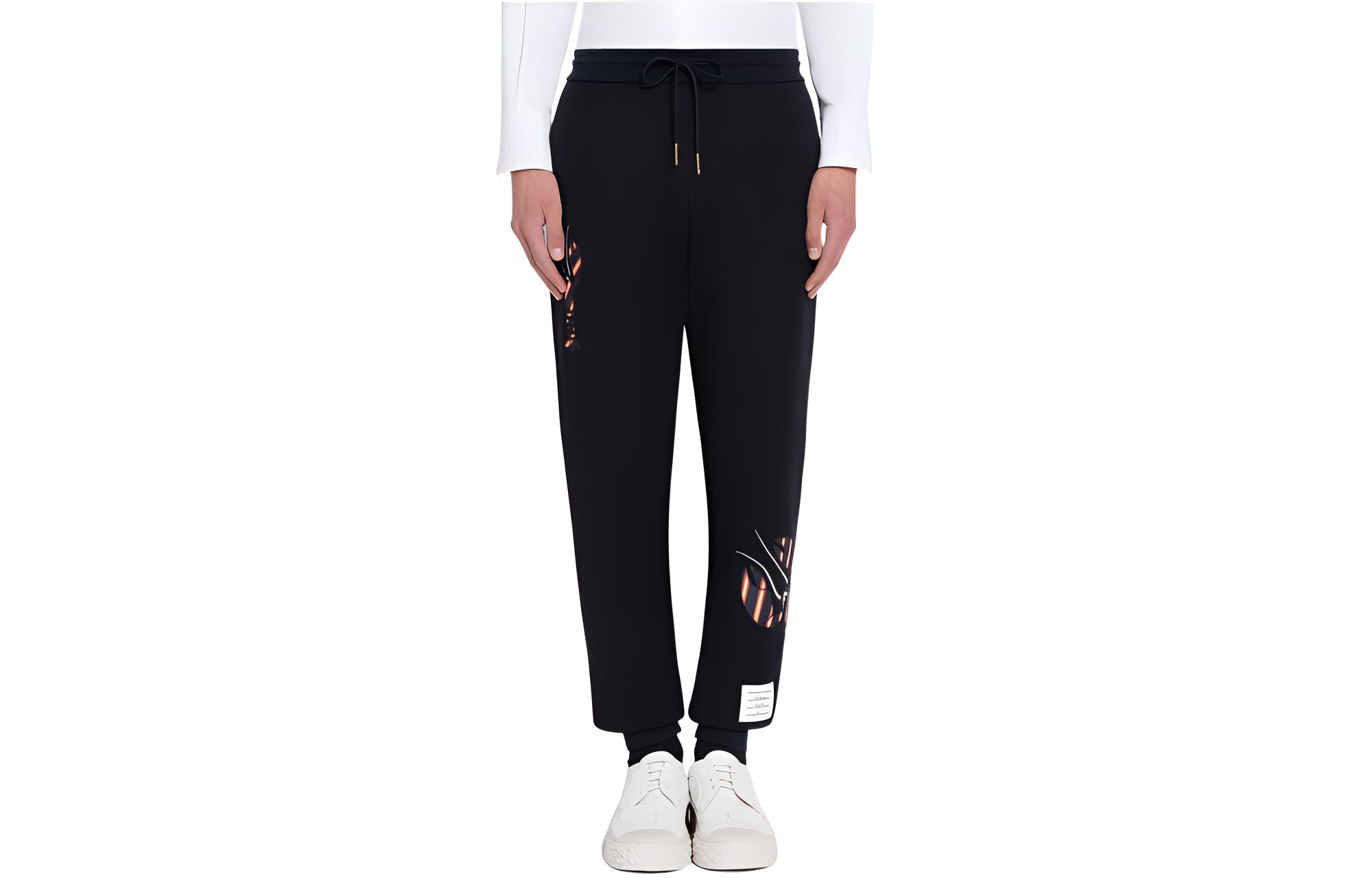 THOM BROWNE FW22 Navy Solid Pattern Print Drawstring Casual Sweatpants Men. MJQ152-E0337-7415