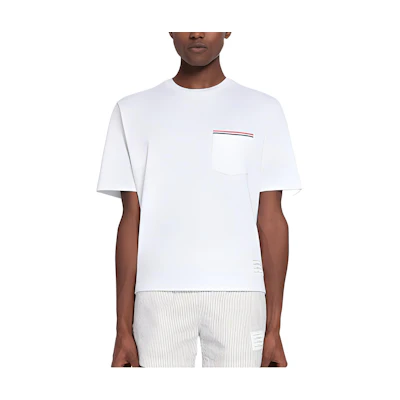 THOM BROWNE FW22 Plain Ribbed Crewneck Short Sleeve T-Shirt White Tee MJS183A07323-100