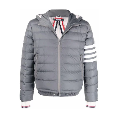 Thom Browne FW22 Quilted Stripe Down-Filled Hooded Jacket Grey MJD087-X07259-035