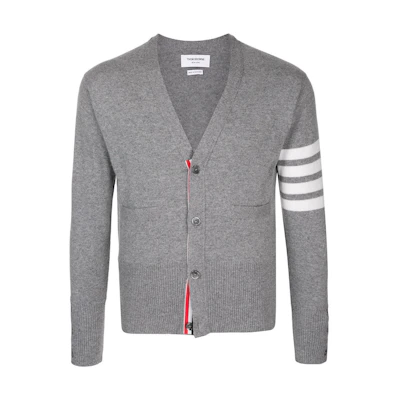 Thom Browne FW22 Solid Color 4-Bar V-Neck Cashmere Sweater Grey. MKC001A-00011-055