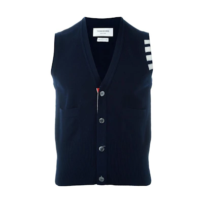 Thom Browne FW22 Stripe Single-Breasted Sleeveless Cashmere Vest Blue MKV001A-00011-415