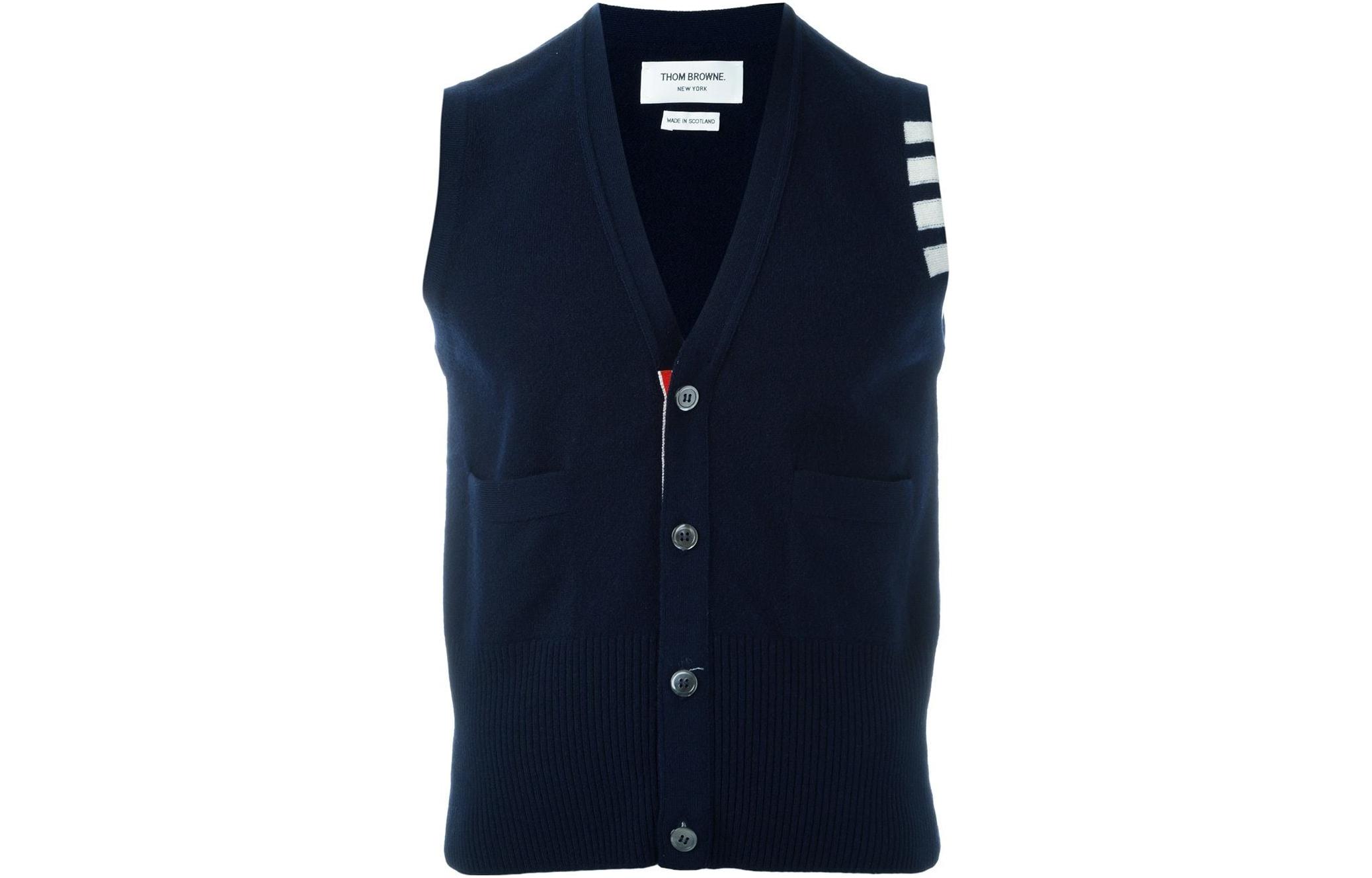 Order Thom Browne FW22 Stripe Single-Breasted Sleeveless Cashmere Vest  Blue MKV001A-00011-415