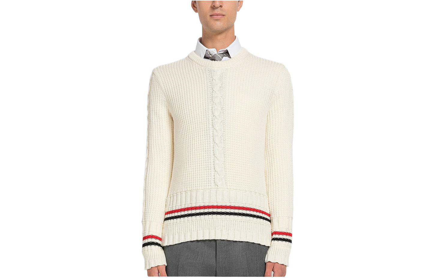 Thom Browne FW22 Striped Casual Crewneck Pullover Knit Sweater Men White MKA447A-Y1024-100
