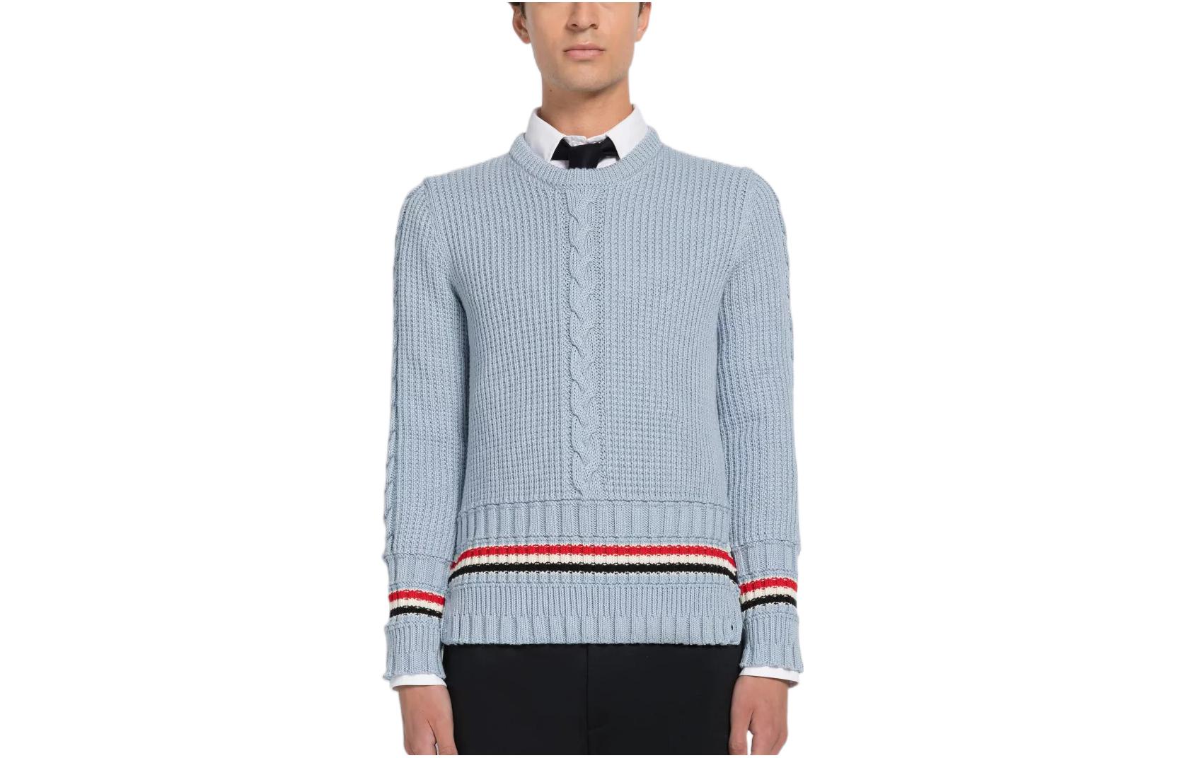 THOM BROWNE FW22 Striped Crewneck Knit Sweater Light Blue  Fashion. MKA447A-Y1024-480