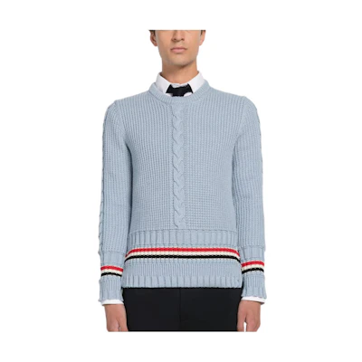 THOM BROWNE FW22 Striped Crewneck Knit Sweater Light Blue Fashion. MKA447A-Y1024-480