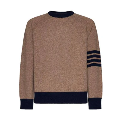 THOM BROWNE FW23 Brown Classic 4-Bar Wool Colorblock Sweater. MKA467A-Y1026-215