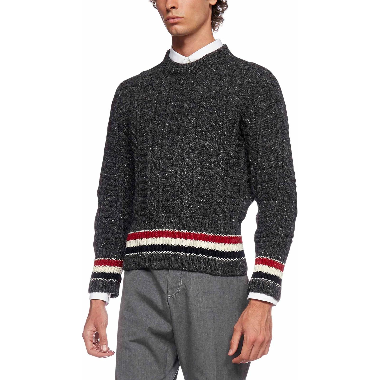 Shop THOM BROWNE FW23 Sweater Rajutan Longgar Mohair Abu-Abu Bergaris Wol. MKA369A-Y1502-025