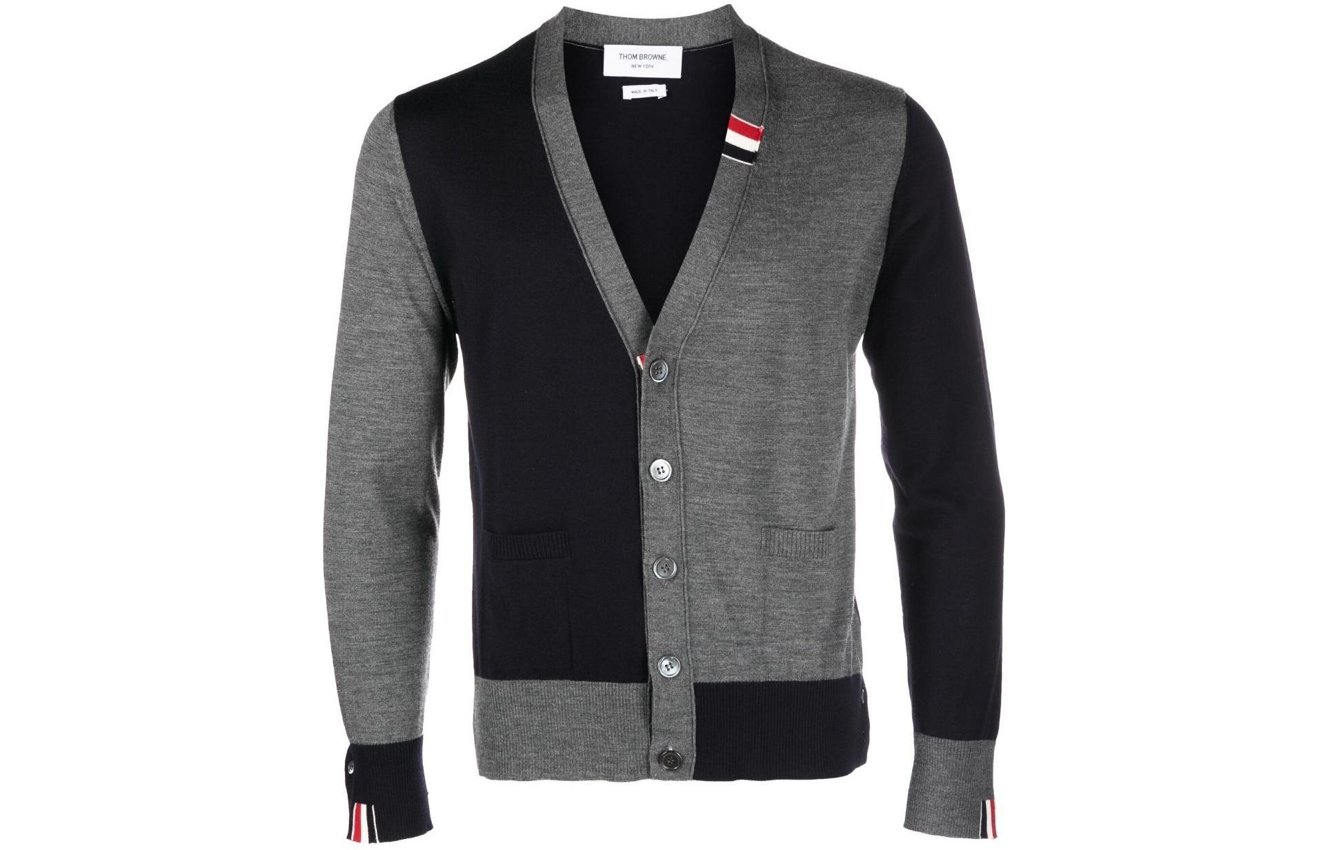 Thom Browne FW23  Grey Blue V-Neck Wool Cardigan Sweater. MKC489F-Y1014-415