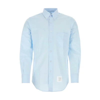 THOM BROWNE FW23 Light Blue Patch Logo Button-Up Long Sleeve Shirt. MWL001A-03113-480