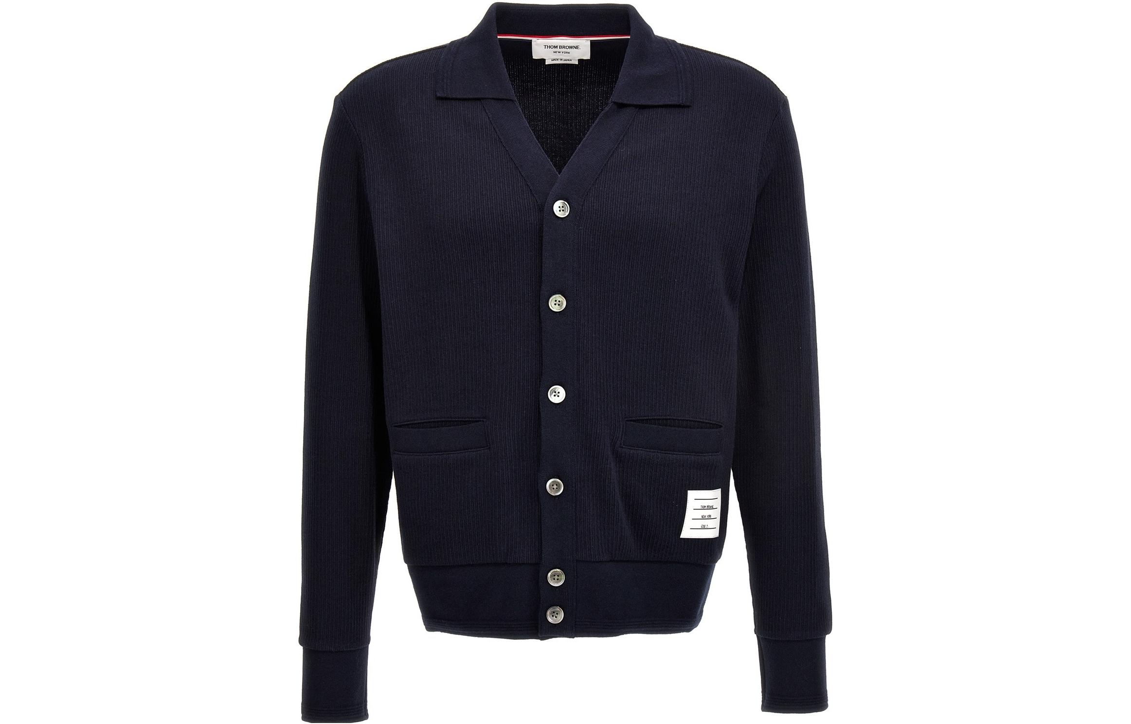THOM BROWNE FW23  Navy Blue Solid Button-Up Knit Cardigan. MJT380A-J0083-415