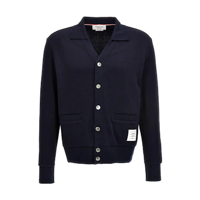 THOM BROWNE FW23 Navy Blue Solid Button-Up Knit Cardigan. MJT380A-J0083-415