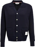 Order THOM BROWNE FW23 Navy Blue Solid Button-Up Knit Cardigan. MJT380A-J0083-415