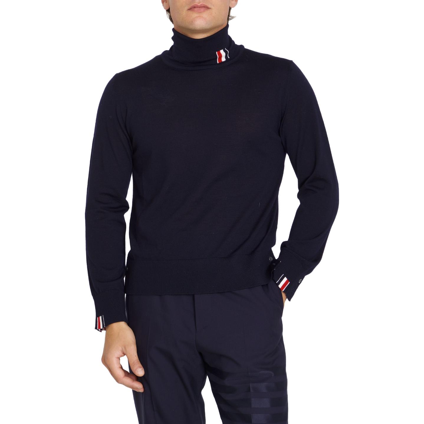 Lookbook THOM BROWNE FW23 Slim Fit Wool Turtleneck Sweater Biru MKA475A-Y1014-415