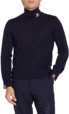 THOM BROWNE FW23 Slim Fit Wool Turtleneck Sweater Biru MKA475A-Y1014-415 Lookbook THOM BROWNE FW23 Slim Fit Wool Turtleneck Sweater Biru MKA475A-Y1014-415