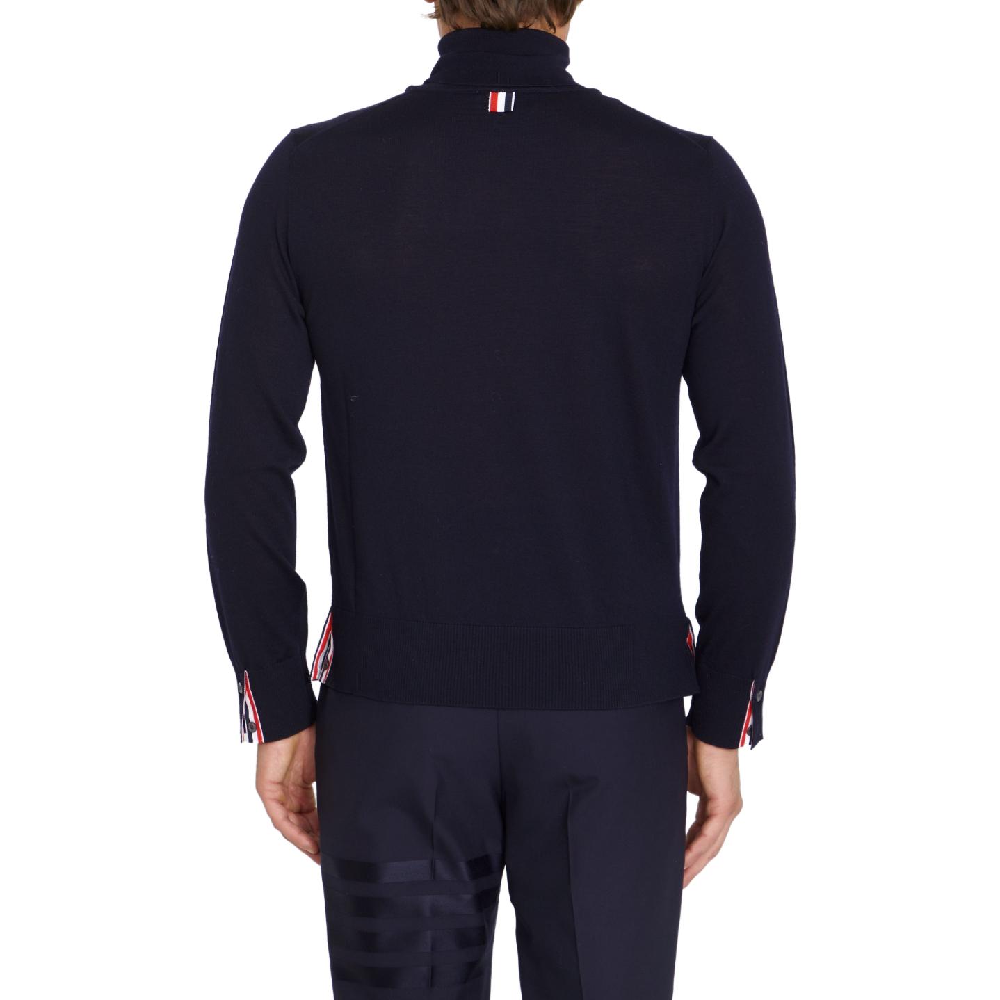 Shop THOM BROWNE FW23 Slim Fit Wool Turtleneck Sweater Biru MKA475A-Y1014-415