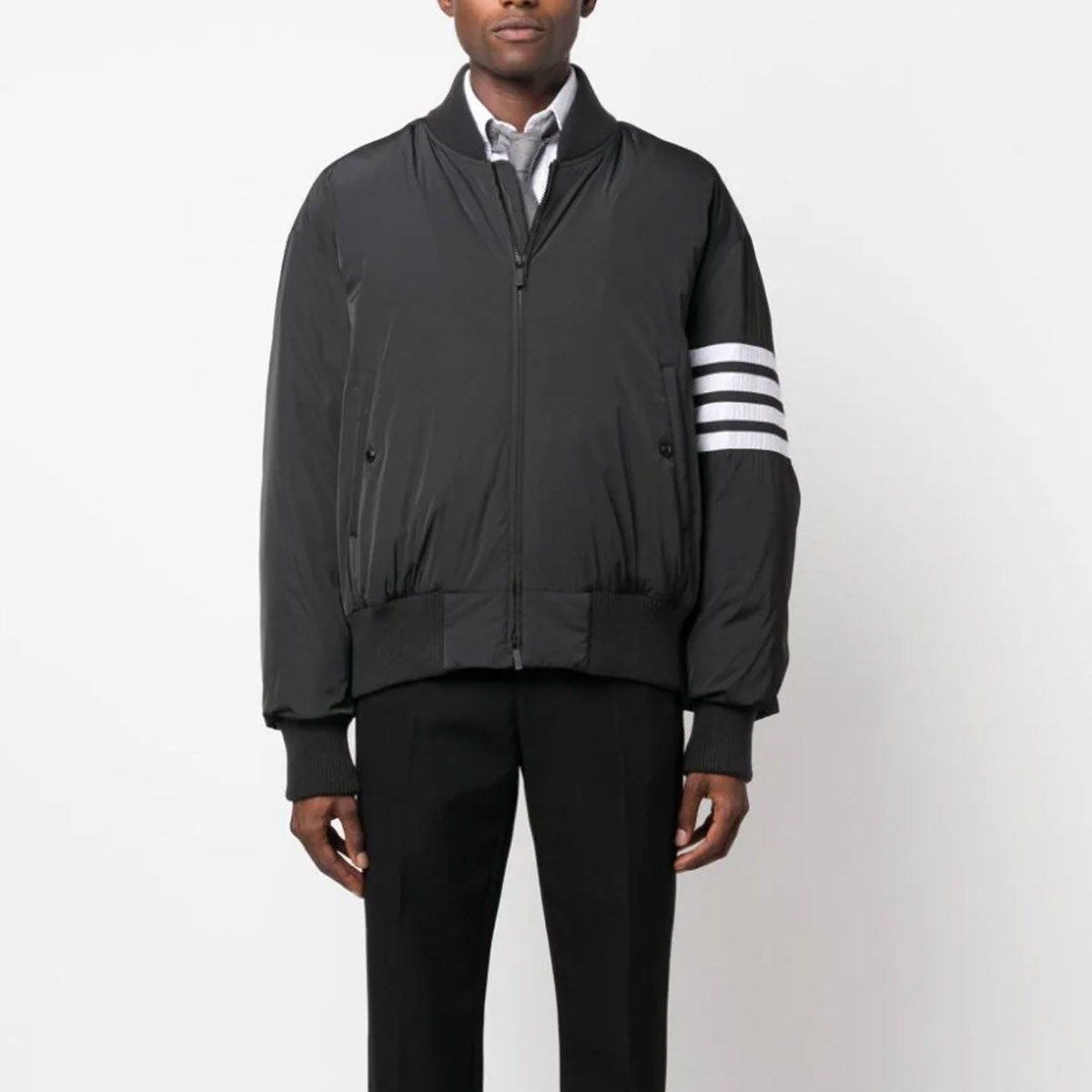 Shop Thom Browne FW23  Solid Zip-Up Striped Jacket Black MJD103X-07259-015