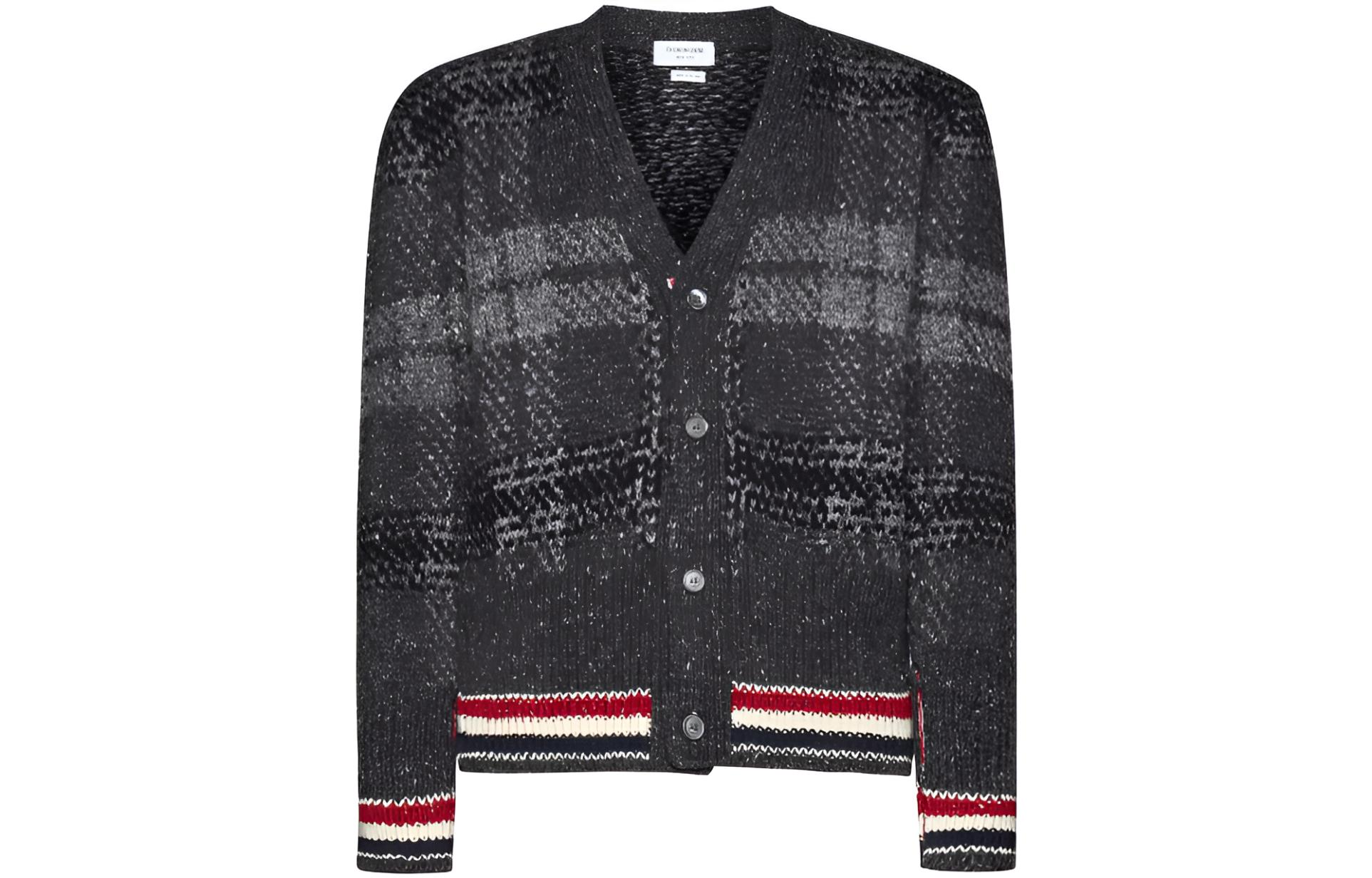 THOM BROWNE FW23  V-Neck Striped Cardigan Sweater - Dark Gray. MKC431A-Y1506-025