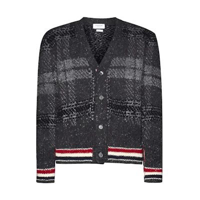 THOM BROWNE FW23 V-Neck Striped Cardigan Sweater - Dark Gray. MKC431A-Y1506-025