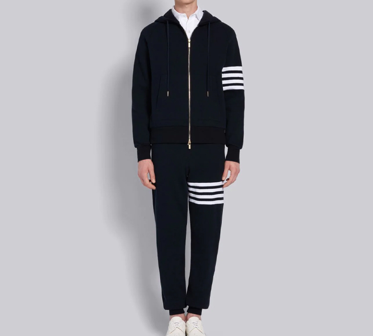 Details for 톰 브라운 FW23 클래식 4-스트라이프 네이비 와플 니트 조거 팬츠 남성용 가을. MJQ082A-06452-415