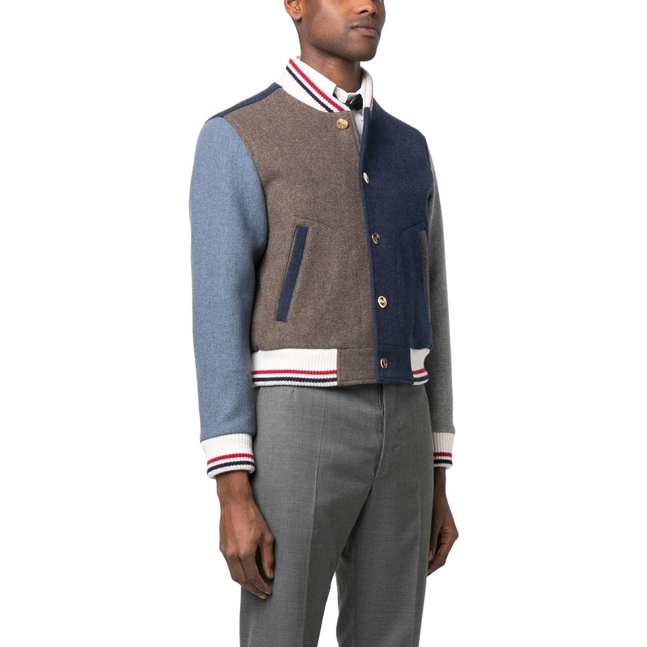 Details for Thom Browne FW23 Jaket Varsity Multicolor Pria Striped Colorblock. MJO099F-F0069-215