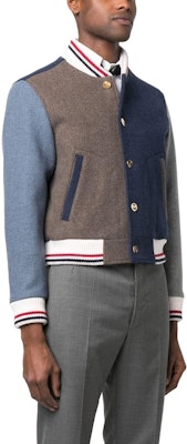 Thom Browne FW23 Jaket Varsity Multicolor Pria Striped Colorblock. MJO099F-F0069-215 Details for Thom Browne FW23 Jaket Varsity Multicolor Pria Striped Colorblock. MJO099F-F0069-215