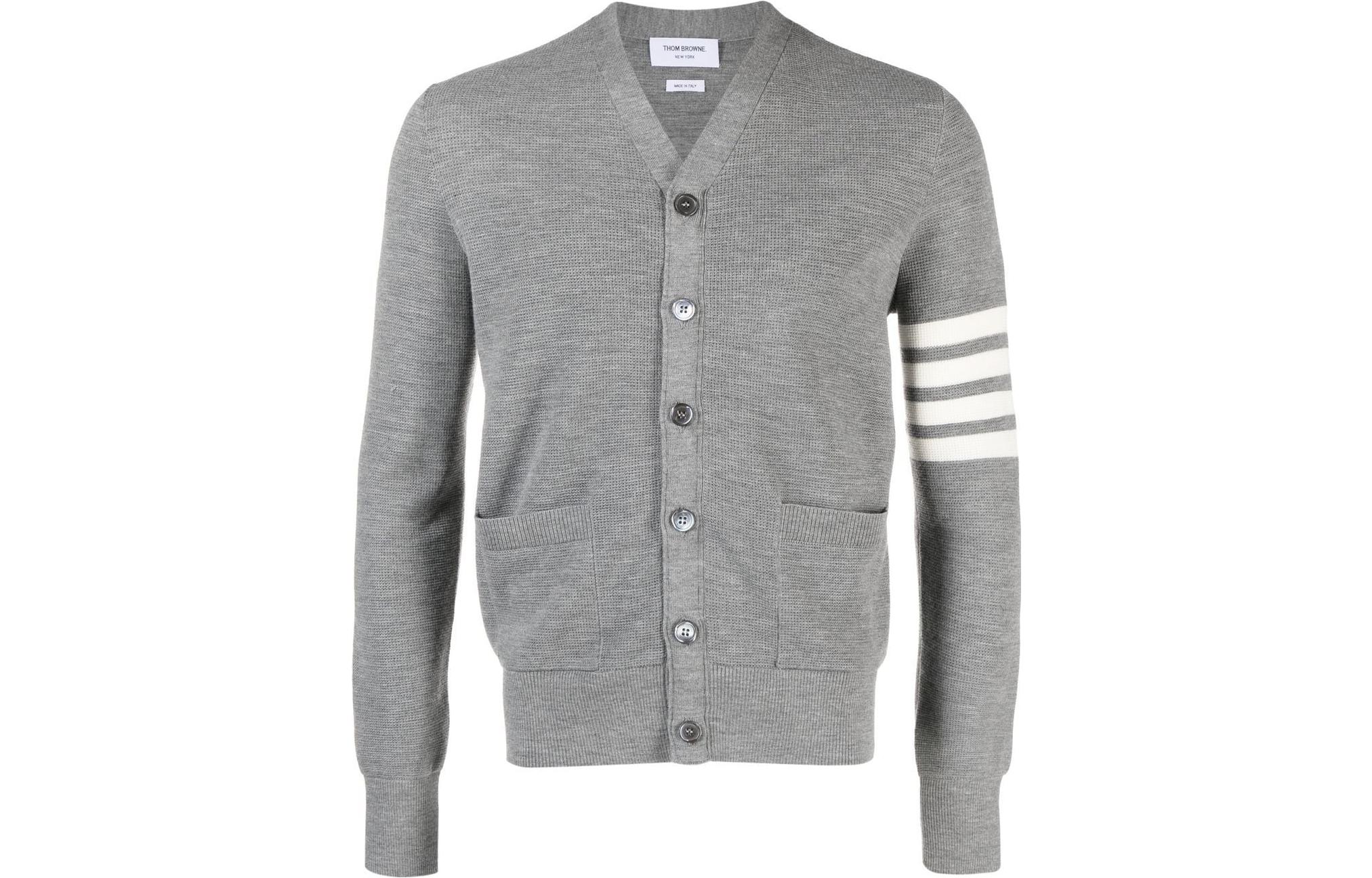 Thom Browne FW23 Grey Striped V-Neck Button-Up Knit Cardigan for Men. MKC484A-Y1014-055