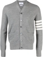 Thom Browne FW23 Grey Striped V-Neck Button-Up Knit Cardigan for Men. MKC484A-Y1014-055 Thom Browne FW23 Grey Striped V-Neck Button-Up Knit Cardigan for Men. MKC484A-Y1014-055