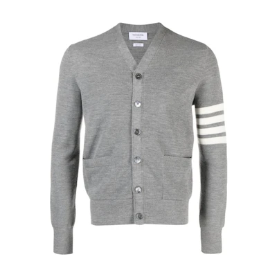 Thom Browne FW23 Grey Striped V-Neck Button-Up Knit Cardigan for Men. MKC484A-Y1014-055