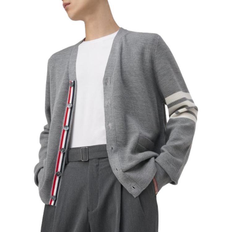 Thom Browne FW23 Grey Striped V-Neck Button-Up Knit Cardigan for Men. MKC484A-Y1014-055 圖 8