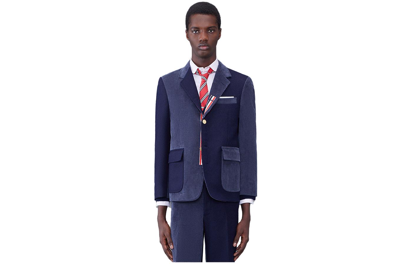 THOM BROWNE FW23 Navy Blue Striped Notch Lapel Single-Breasted Blazer Men. MJU558F-03793-415
