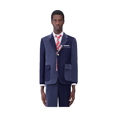 THOM BROWNE FW23 Navy Blue Striped Notch Lapel Single-Breasted Blazer Men. MJU558F-03793-415