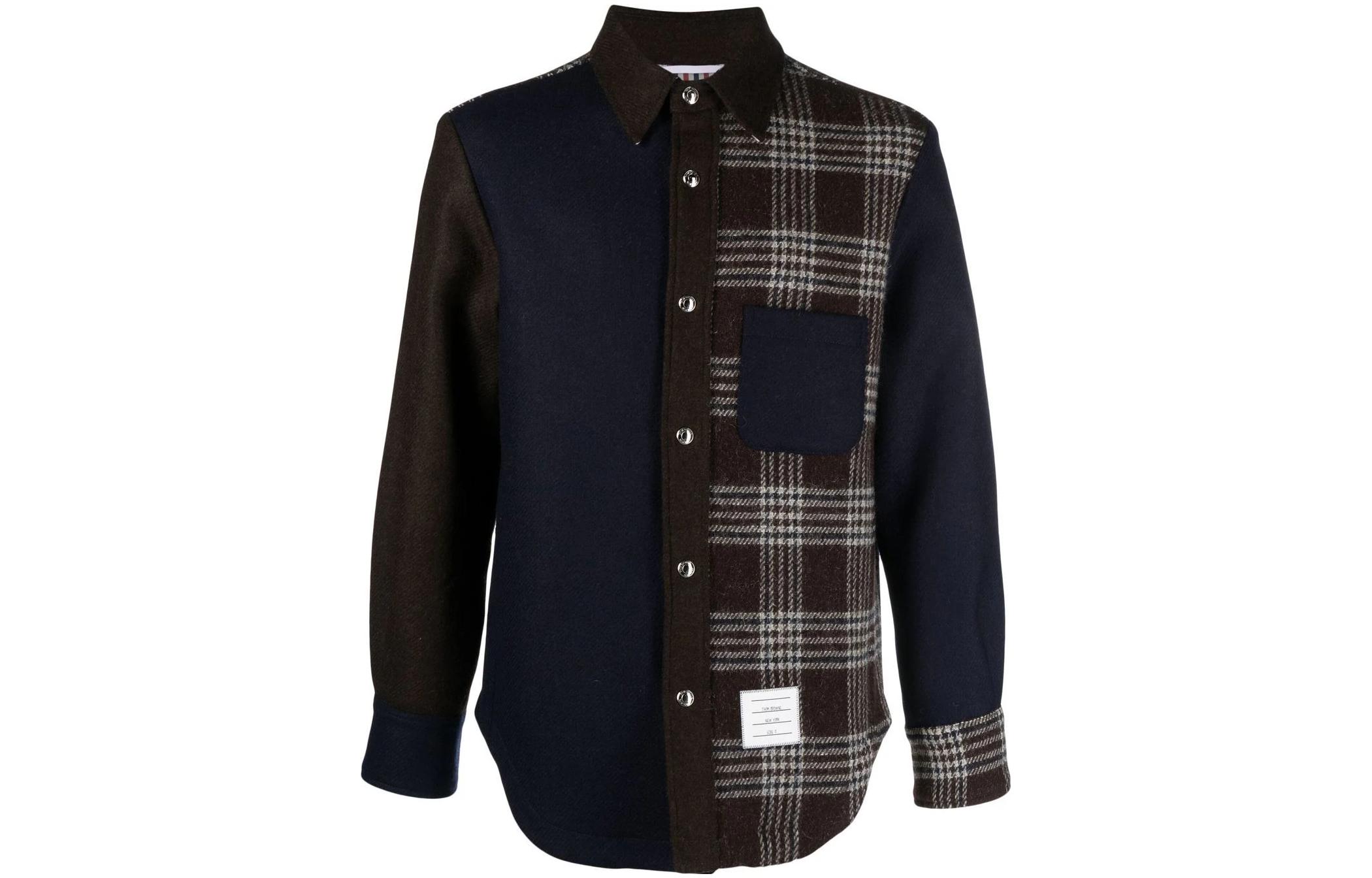 THOM BROWNE FW23 Plaid Patchwork Single-Breasted Jacket Men’s Deep Brown. MJO055F-F0344-205
