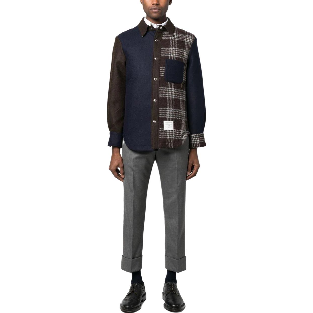 Lookbook THOM BROWNE FW23 格紋拼接單排扣外套 男士深棕色. MJO055F-F0344-205