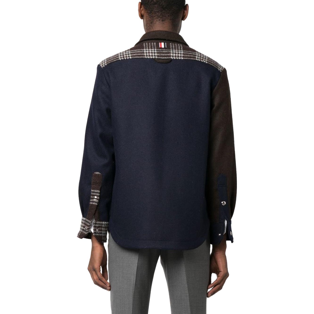 Shop THOM BROWNE FW23 格紋拼接單排扣外套 男士深棕色. MJO055F-F0344-205