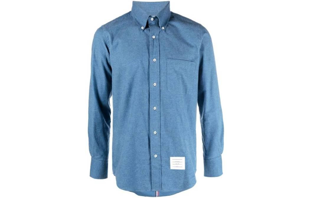 THOM BROWNE FW23 Pre-Fall  Blue Solid Button-Up Long Sleeve Shirt. MWL272A-F0351-440