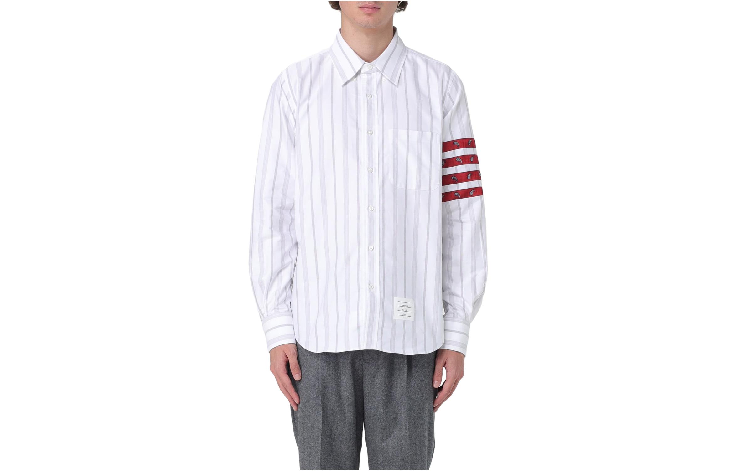 THOM BROWNE FW23 Striped Button-Up Long Sleeve Shirt for Men MWL374C-F0433-035