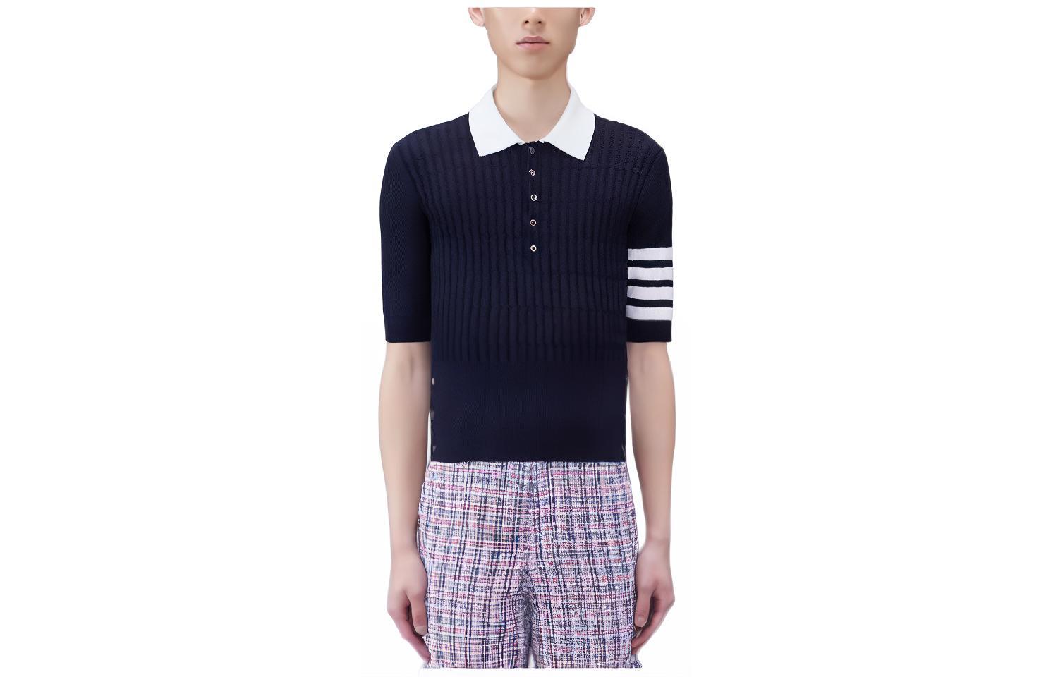 THOM BROWNE FW23 Striped Polo Collar Short Sleeve Shirt  Blue MKP109A-Y3014-415