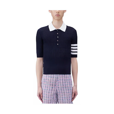 THOM BROWNE FW23 Striped Polo Collar Short Sleeve Shirt Blue MKP109A-Y3014-415