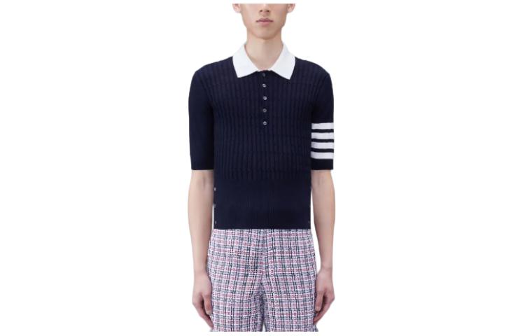 Order THOM BROWNE FW23 Striped Polo Collar Short Sleeve Shirt  Blue MKP109A-Y3014-415