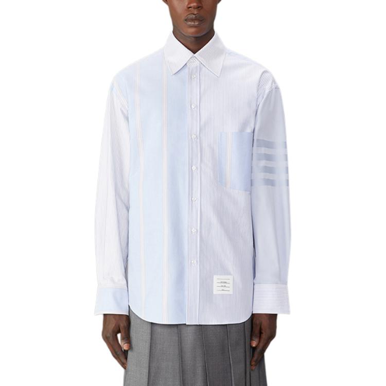 Thom Browne FW24  Classic 4-Bar Striped Loose-Fit Cotton Shirt Light Blue. MWL381F-06496-480