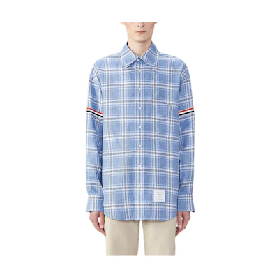 Thom Browne FW24 Light Blue Checkered Button-Up Long Sleeve Shirt. MWL400O-F0664-450