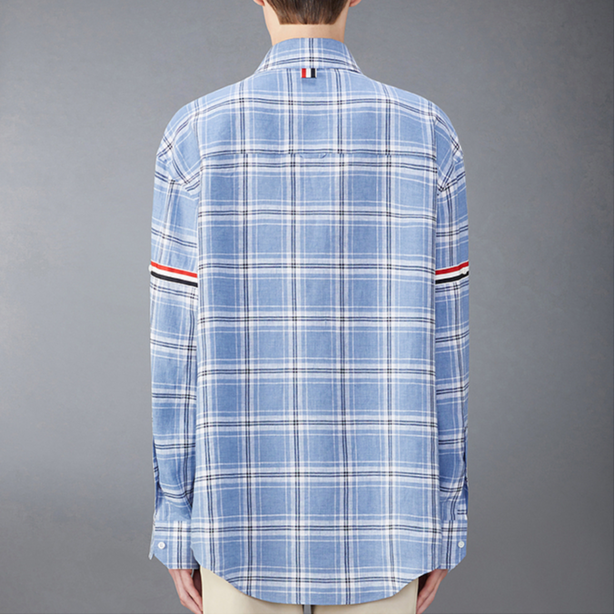 Shop 톰 브라운 FW24 라이트 블루 체크 버튼업 긴소매 셔츠 MWL400O-F0664-450