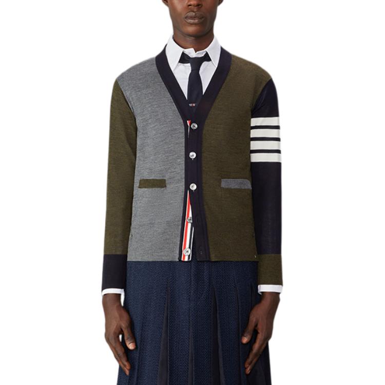 THOM BROWNE FW24  Loose V-Neck Striped Sweater in Dark Gray MKC002F-Y1014-035