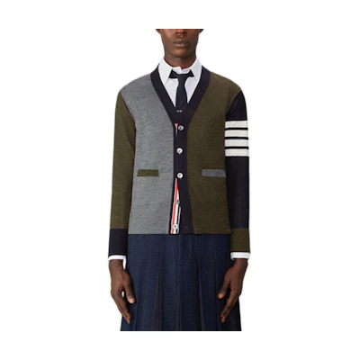 THOM BROWNE FW24 Loose V-Neck Striped Sweater in Dark Gray MKC002F-Y1014-035