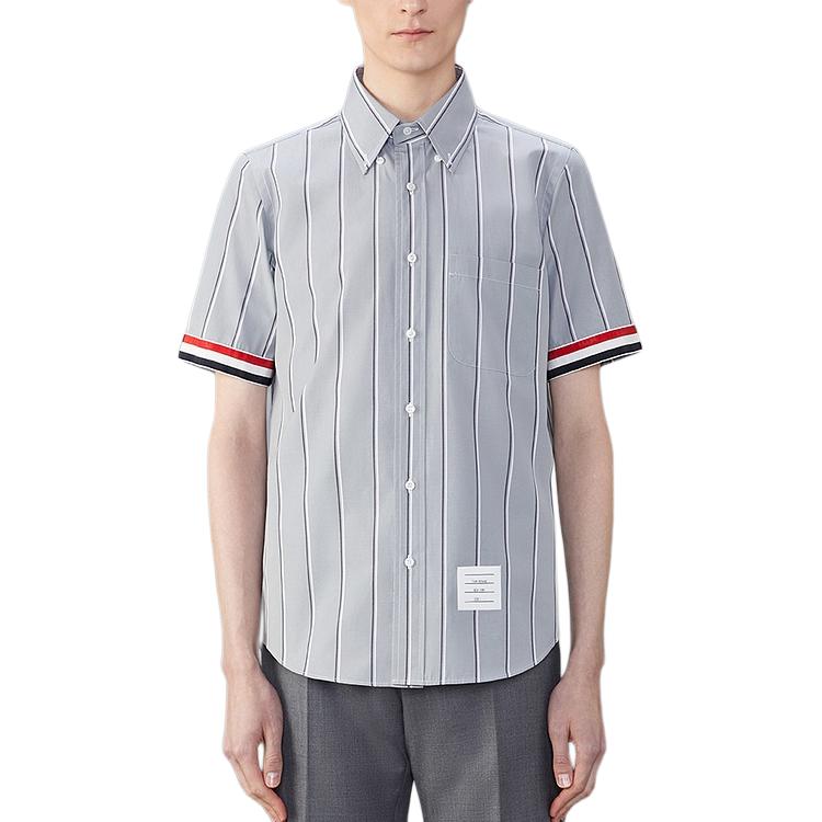 THOM BROWNE FW24  Short-Sleeve Gray Stripe Button-Up Shirt. MWS245A-F0658-035
