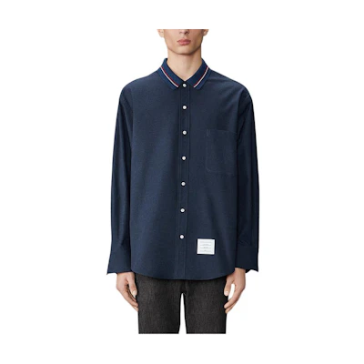 Thom Browne FW24 Striped Cotton Flannel Loose Fit Long Sleeve Shirt Navy. MWL407C-F0351-415