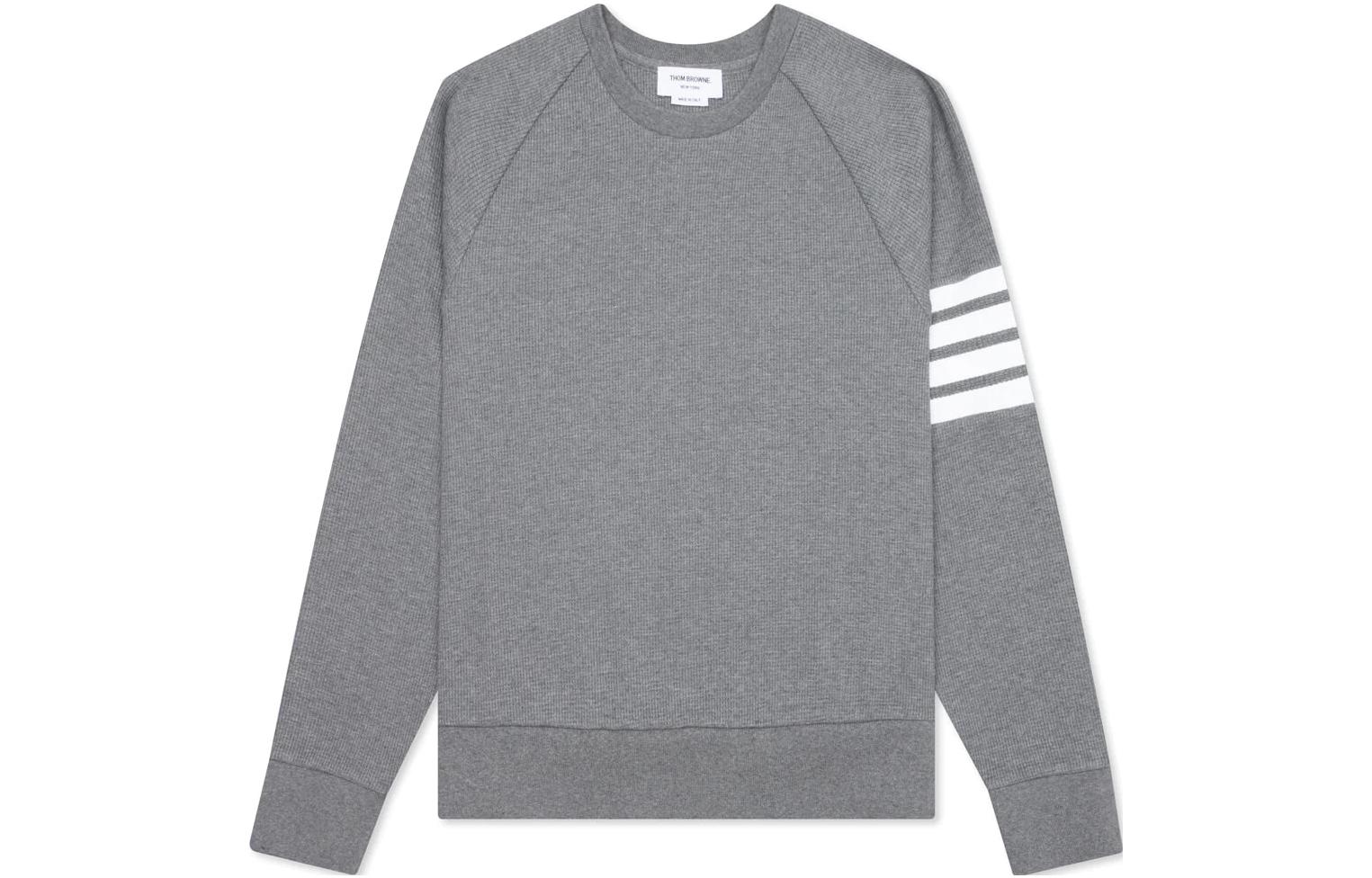 Shop トムブラウン グレー クラシック フォーストライプ ワッフルニット クルーネック スウェット MJT205A-06452-035