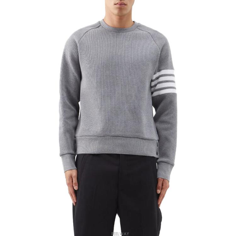 Cheap トムブラウン グレー クラシック フォーストライプ ワッフルニット クルーネック スウェット MJT205A-06452-035
