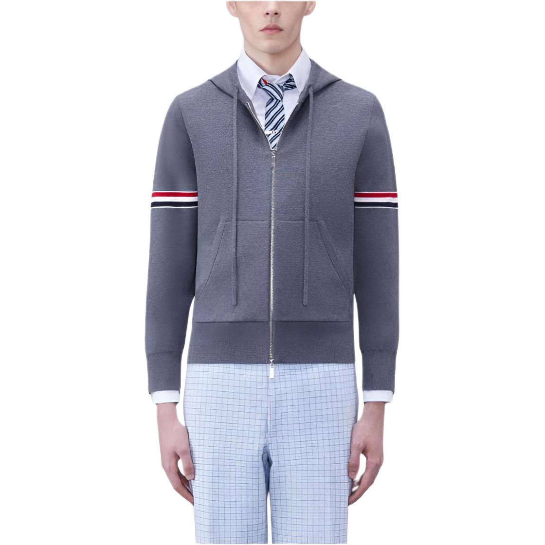Thom Browne Gray Cotton Armband Stripe Zip Hoodie Jacket MKT008A-Y3007-035
